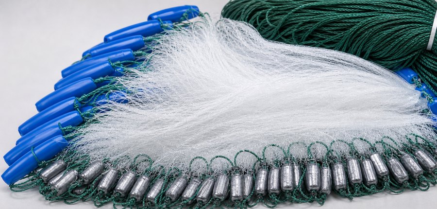 Heavy-duty fishing net with blue floats and lead weights