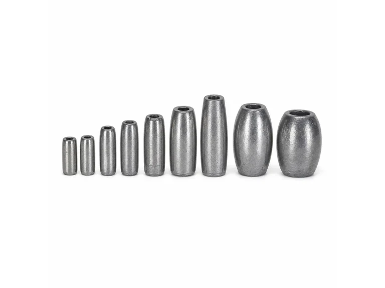 Fishing net lead sinkers in multiple sizes on a white background