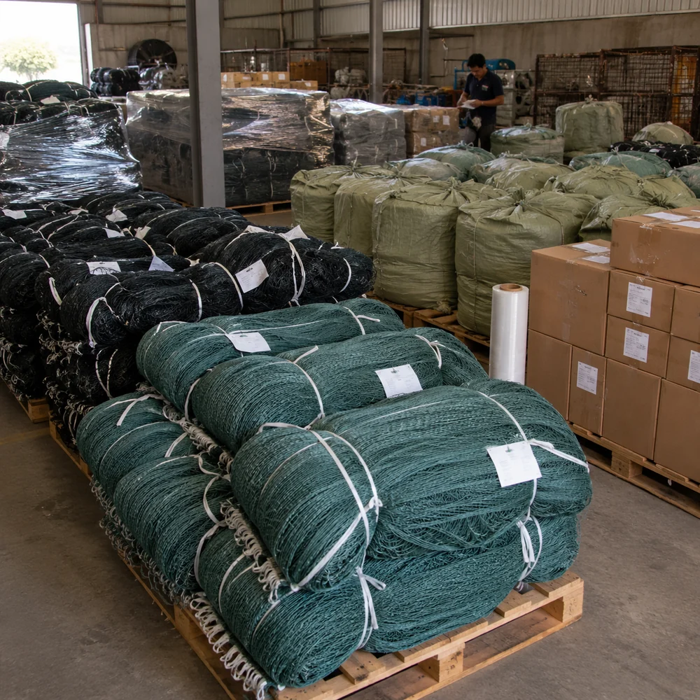 Fishing net bales, cartons and pallet packing prepared for export shipment