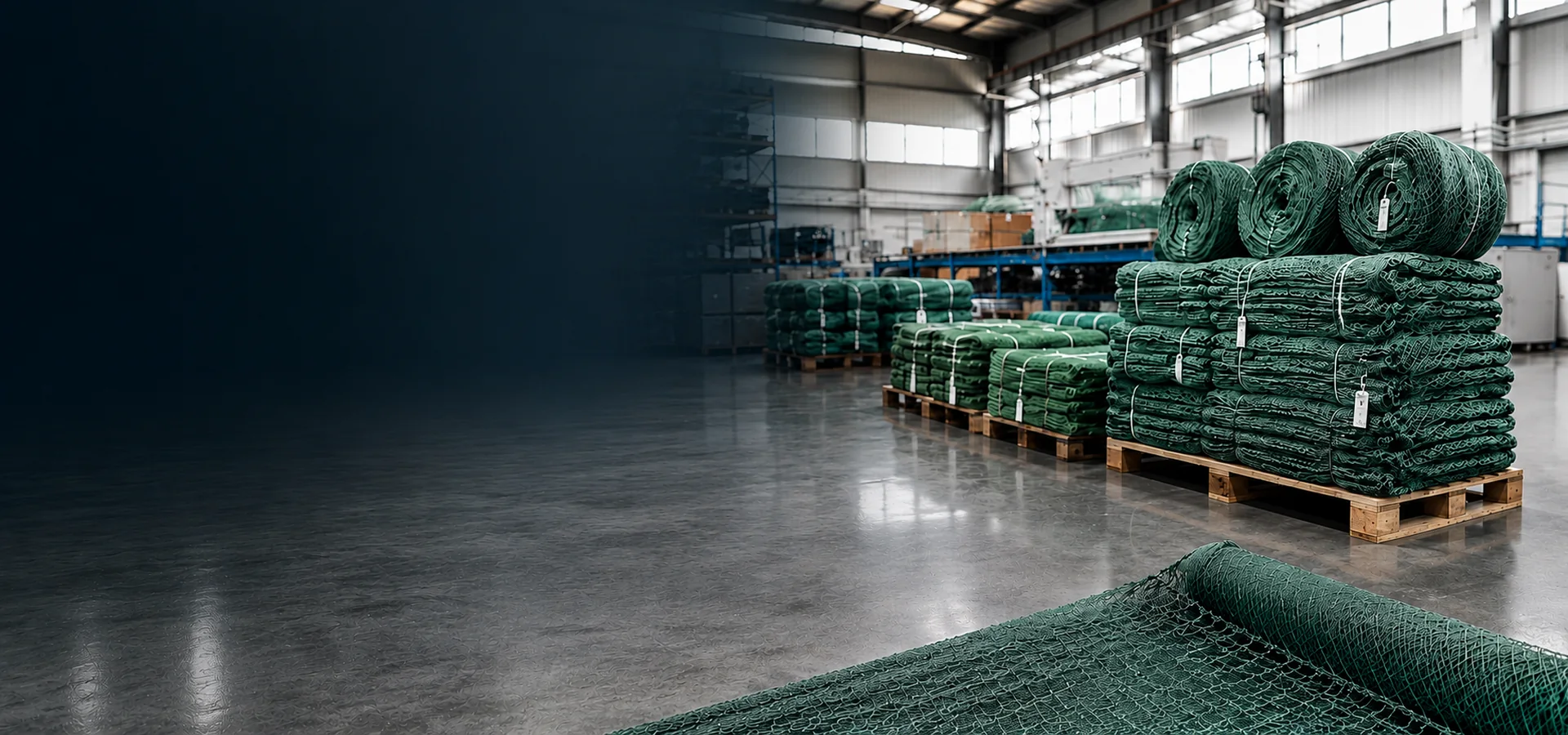 Semi-finished fishing net rolls, bales and pallets in export warehouse