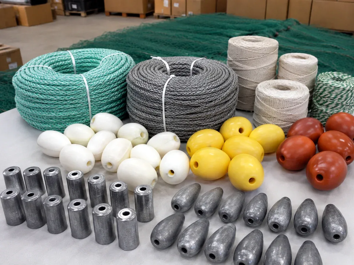 Fishing net floats lead sinkers ropes and twine accessories arranged on table