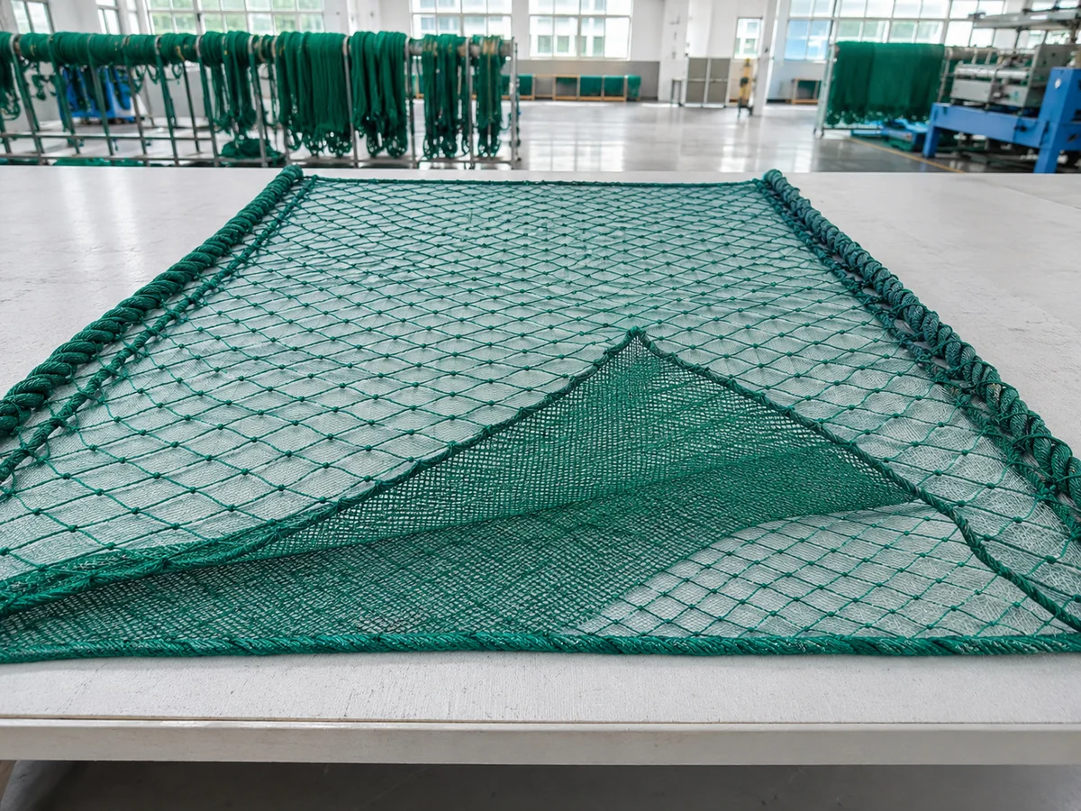 Three-layer trammel net panel with fine inner mesh, larger outer mesh and reinforced edge rope