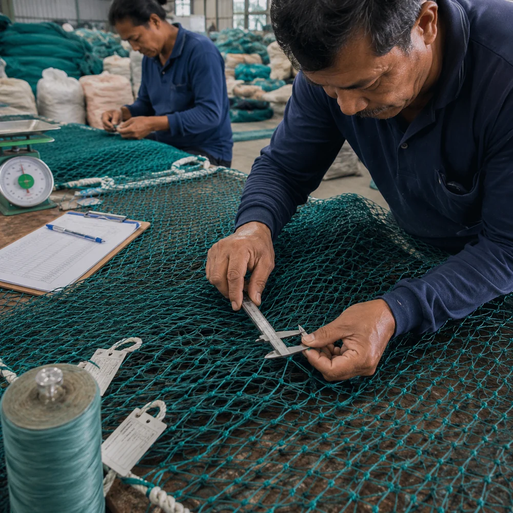 Fishing net QC inspection with caliper, scale and specification record