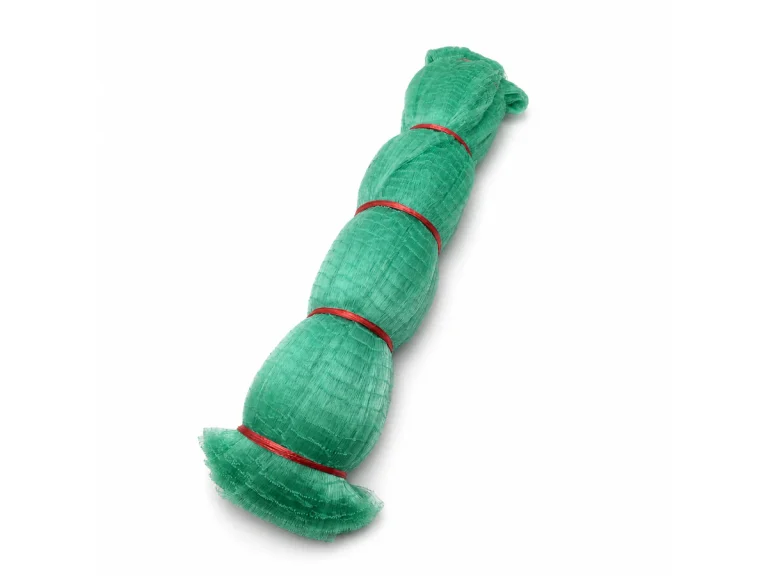 Green semi-finished fishing netting on a white background