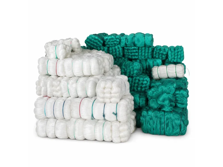 White and green fishing net ropes on a white background