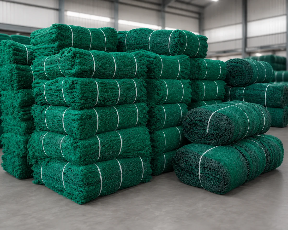 Bundled green aquaculture netting prepared for specification review