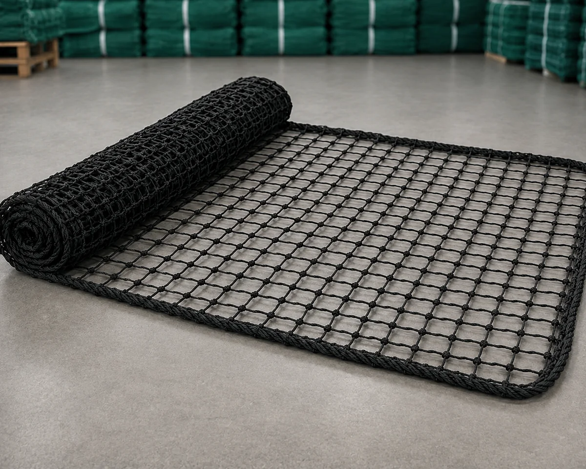 Black knotted protective netting roll with reinforced border