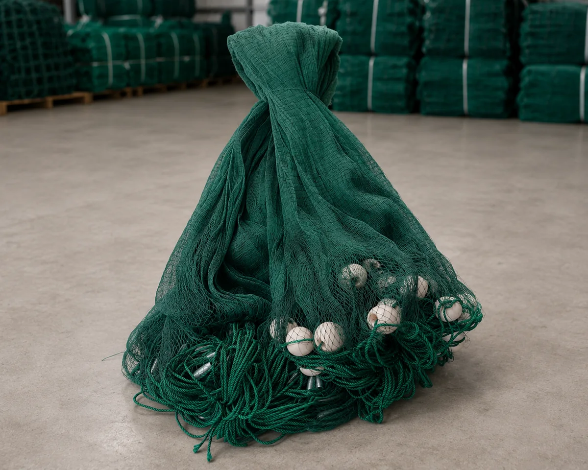 Green trawl net with ropes floats and sinker components